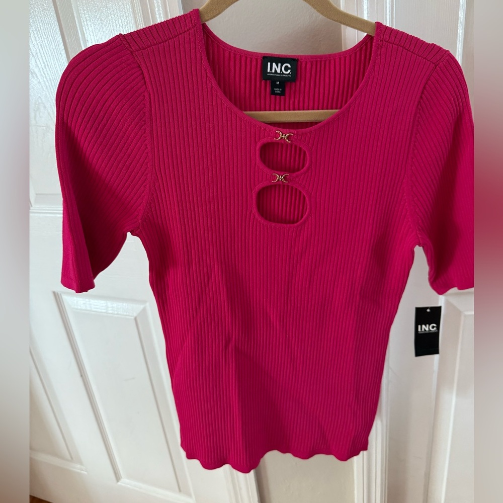 INC International Concepts Hot Pink Ribbed Short Sleeve Sweater
